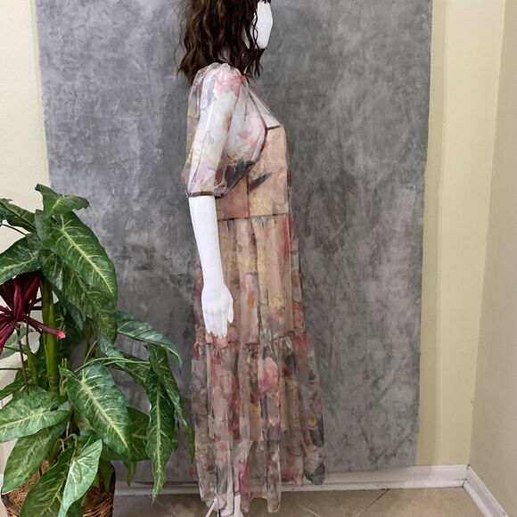 H&M  FLORAL MESH DRESS women’s size Medium Boho sq. Neck puff sleeves tiered - Picture 2 of 12